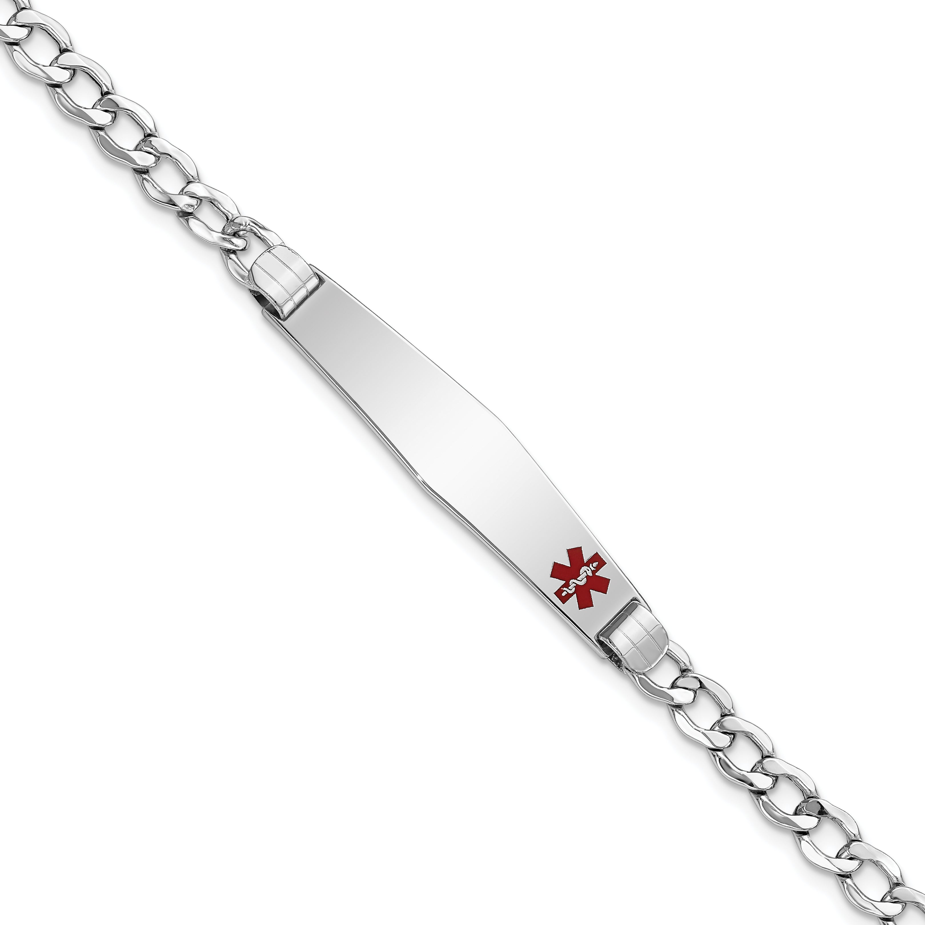 14K White Gold Medical Semi-Solid Chain/Solid Plate Soft Diamond Shape 37x9mm Off-Center Red Enamel Cuban Link 8 inch ID Brac