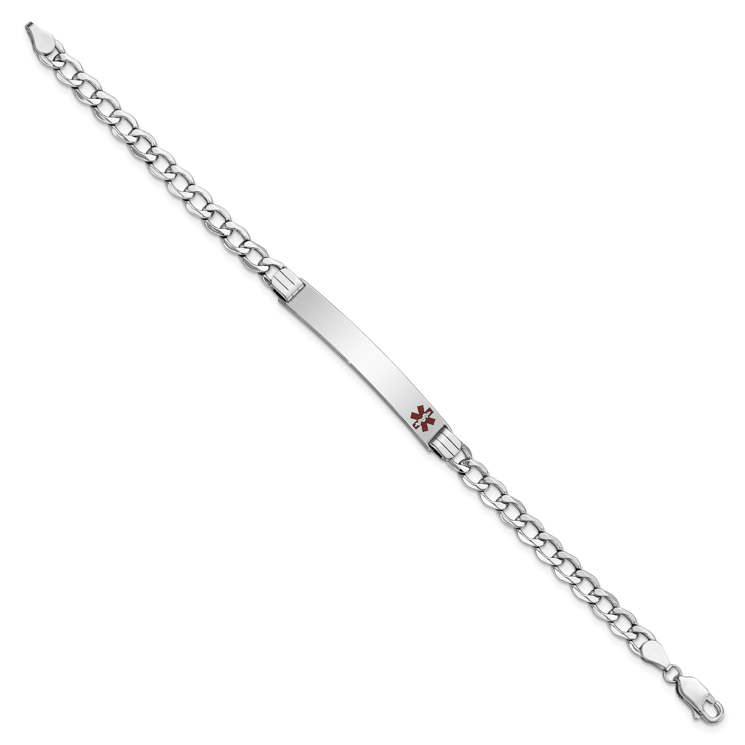 14K White Gold Medical Semi-solid Chain/Solid Plate 37x6mm Off-Center Red Enamel Curb Link 8 inch ID Bracelet Secondary image