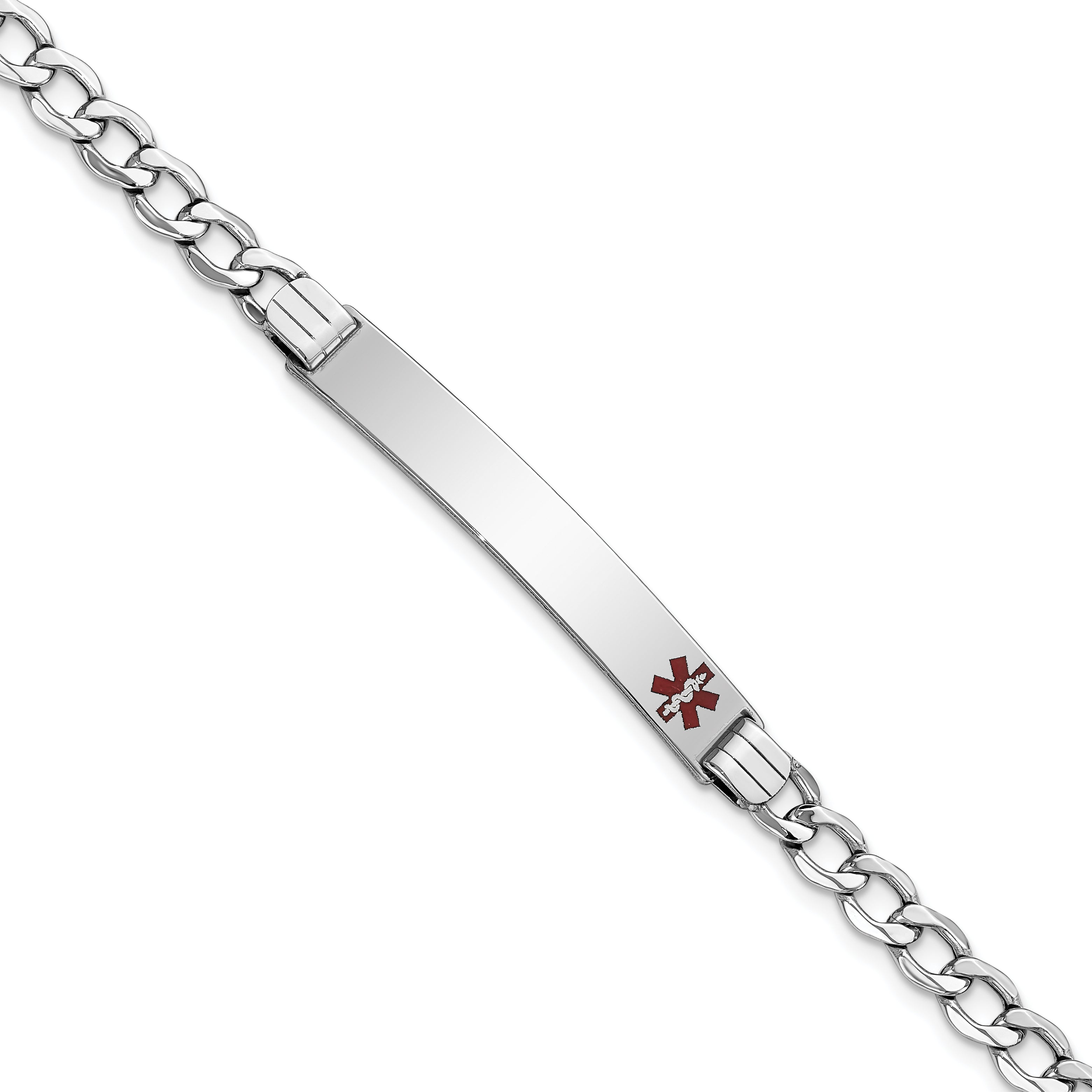 14K White Gold Medical Semi-solid Chain/Solid Plate 37x6mm Off-Center Red Enamel Curb Link 7 inch ID Bracelet Main image