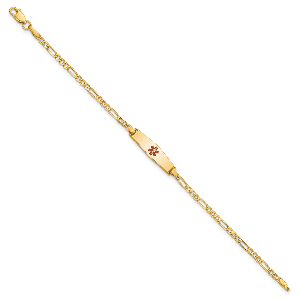 14k Medical Solid Chain/Solid Plate 20x5mm Soft Diamond Shape Centered Red Enamel Figaro Link 6 inch Baby/Child ID Bracelet