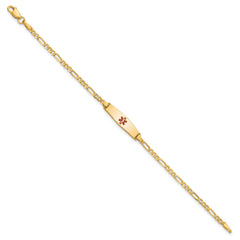 14k Medical Solid Chain/Solid Plate 20x5mm Soft Diamond Shape Centered Red Enamel Figaro Link 7 inch ID Bracelet