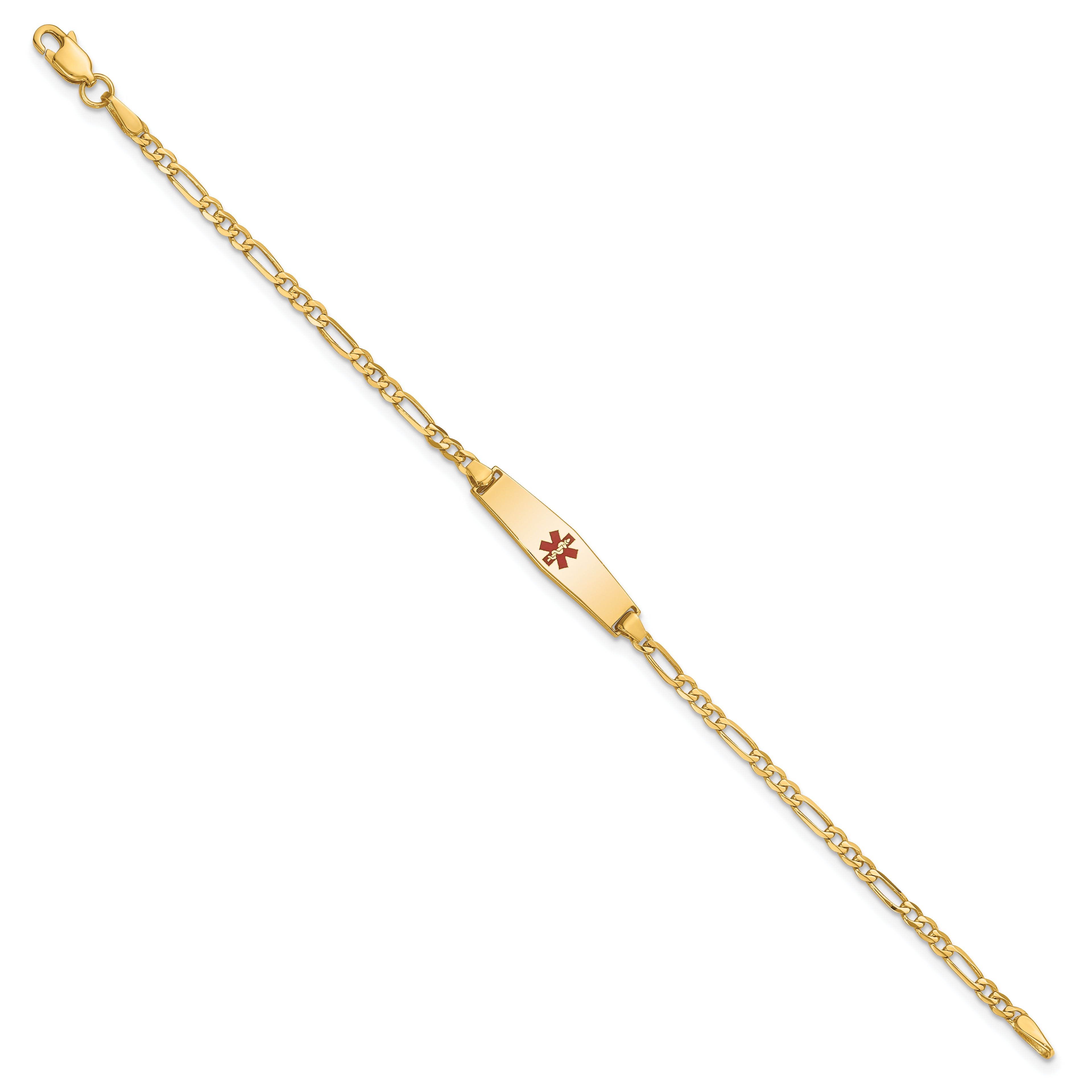 14k Medical Solid Chain/Solid Plate 20x5mm Soft Diamond Shape Centered Red Enamel Figaro Link 8 inch ID Bracelet
