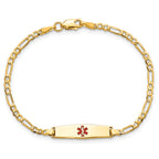14k Medical Solid Chain/Solid Plate 20x5mm Soft Diamond Shape Centered Red Enamel Figaro Link 7 inch ID Bracelet