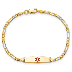 14k Medical Solid Chain/Solid Plate 20x5mm Soft Diamond Shape Centered Red Enamel Figaro Link 7 inch ID Bracelet