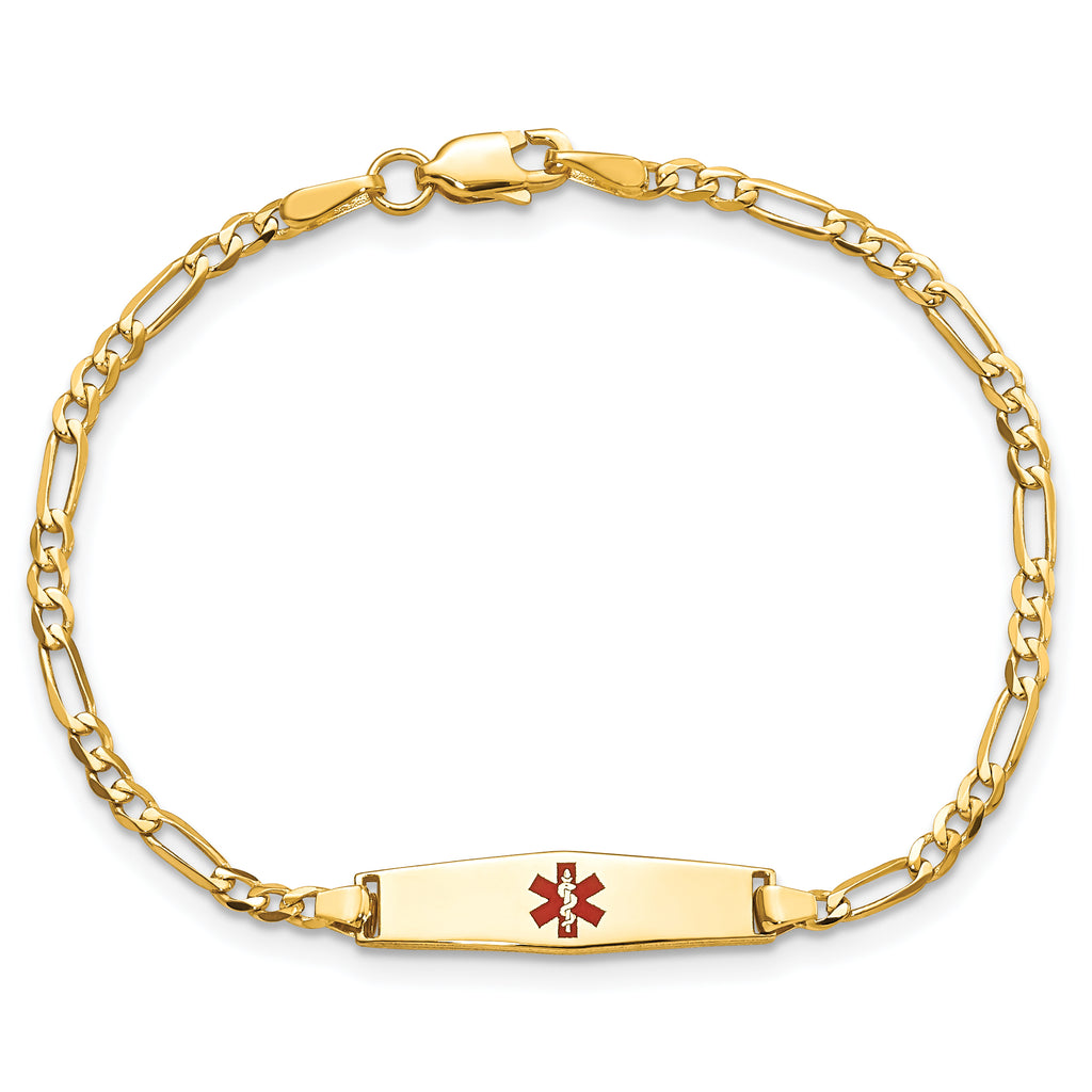 14k Medical Solid Chain/Solid Plate 20x5mm Soft Diamond Shape Centered Red Enamel Figaro Link 8 inch ID Bracelet