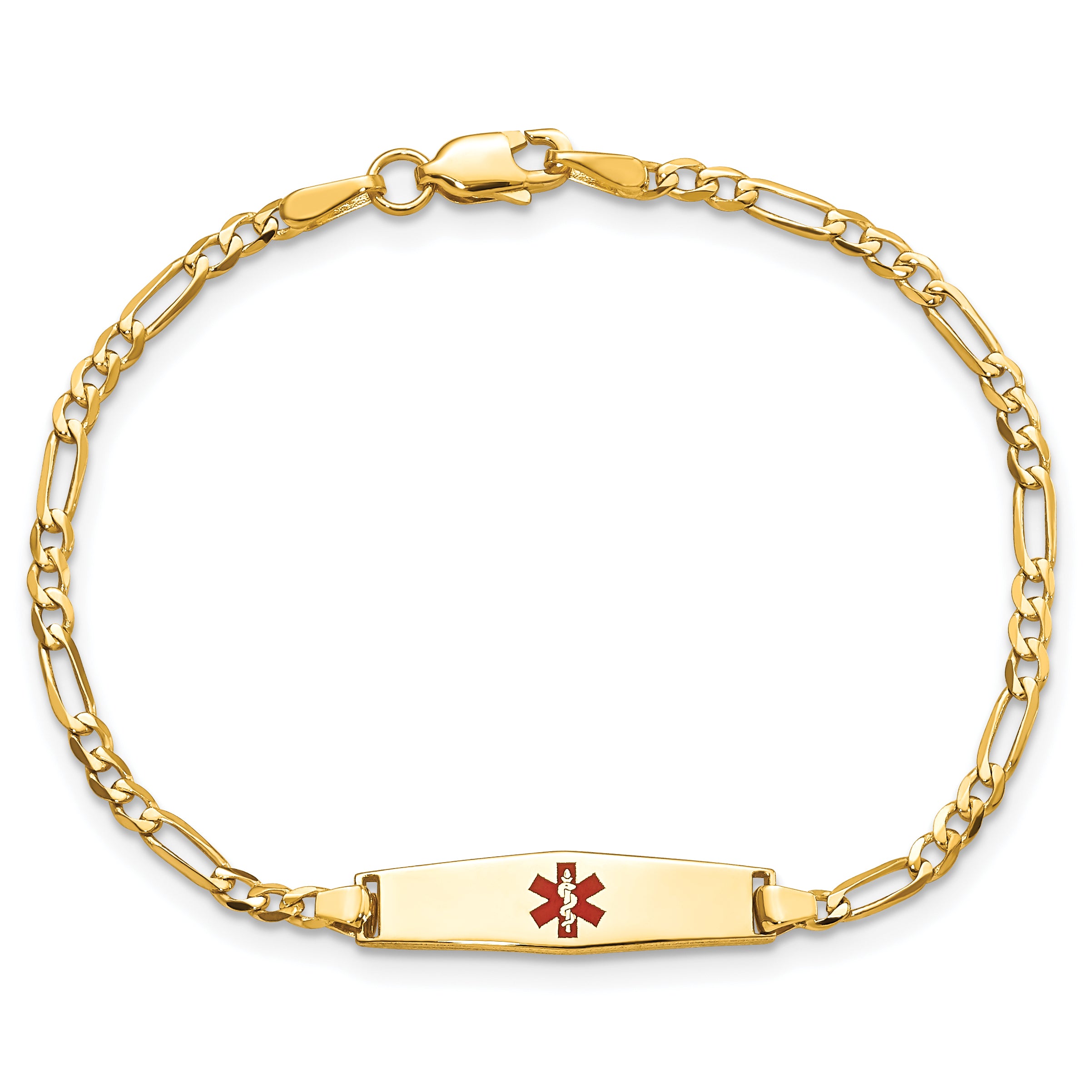 14k Medical Solid Chain/Solid Plate 20x5mm Soft Diamond Shape Centered Red Enamel Figaro Link 8 inch ID Bracelet