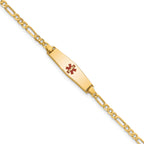 14k Medical Solid Chain/Solid Plate 20x5mm Soft Diamond Shape Centered Red Enamel Figaro Link 7 inch ID Bracelet