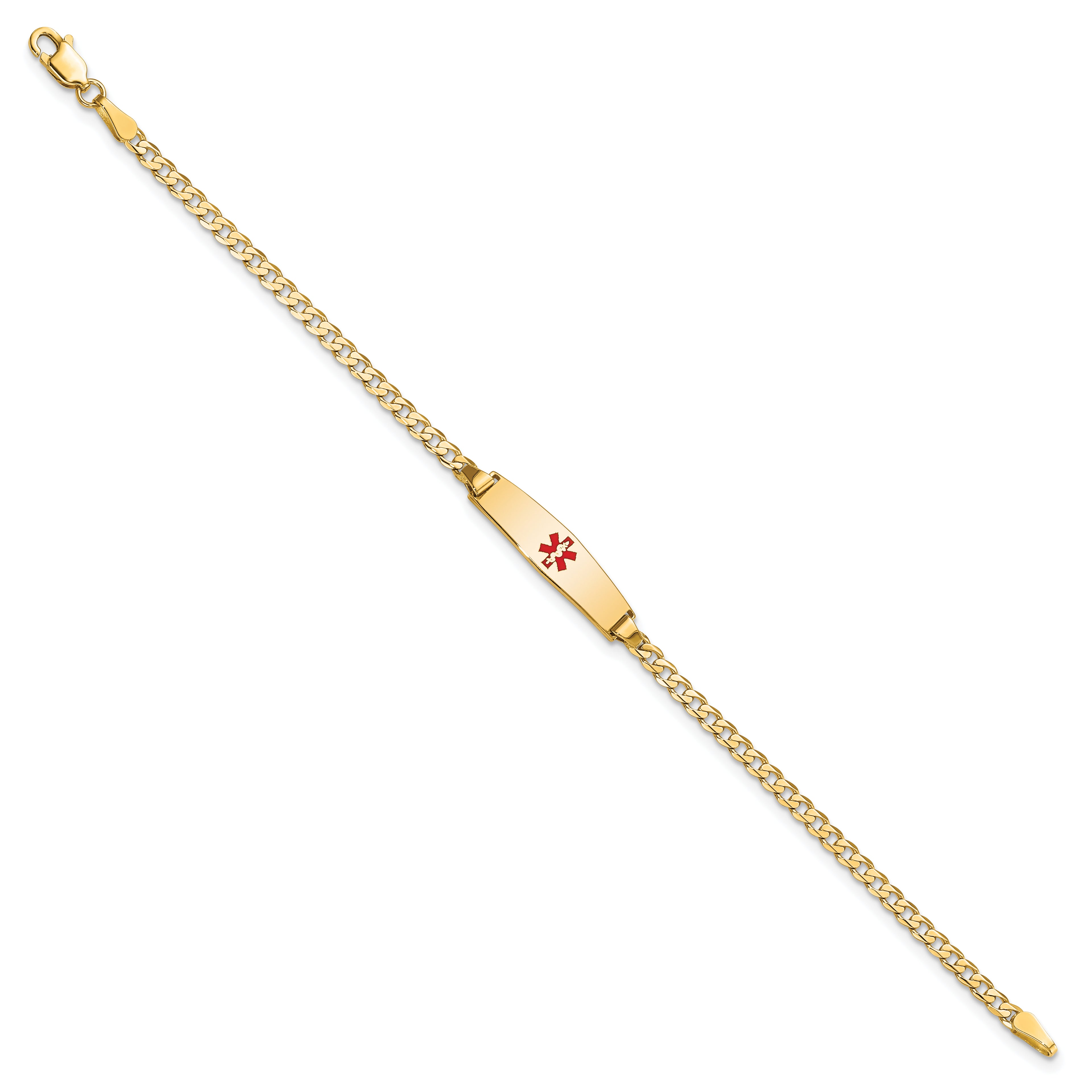 14k Medical Solid Chain/Solid Plate 20x5mm Soft Diamond Shape Centered Red Enamel Curb Link 7 inch ID Bracelet