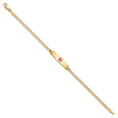 14k Medical Solid Chain/Solid Plate 20x5mm Soft Diamond Shape Centered Red Enamel Curb Link 7 inch ID Bracelet