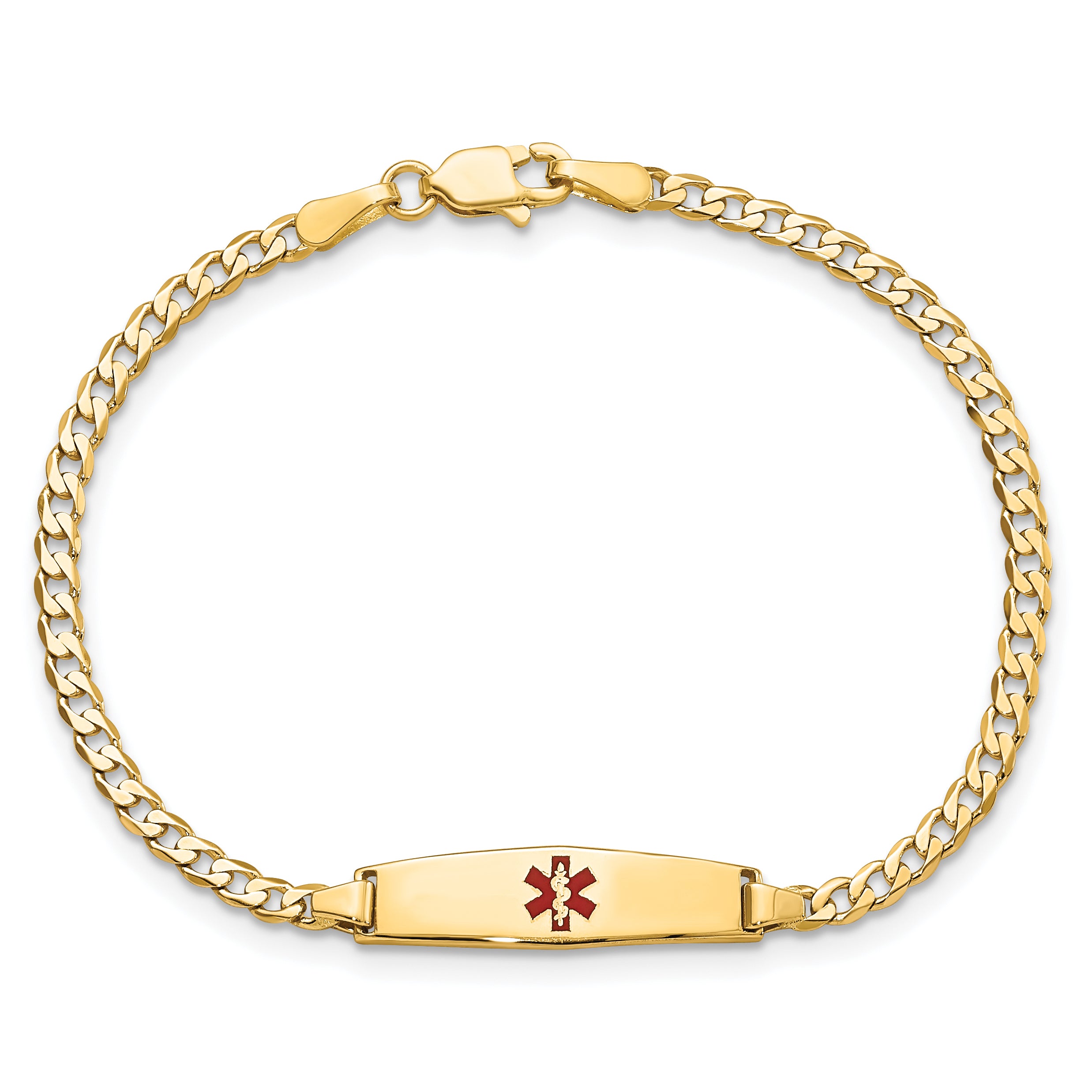 14k Medical Solid Chain/Solid Plate 20x5mm Soft Diamond Shape Centered Red Enamel Curb Link 7 inch ID Bracelet