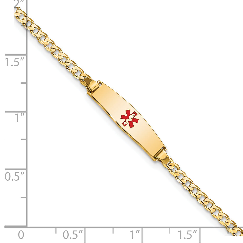 14k Medical Solid Chain/Solid Plate 20x5mm Soft Diamond Shape Centered Red Enamel Curb Link 7 inch ID Bracelet