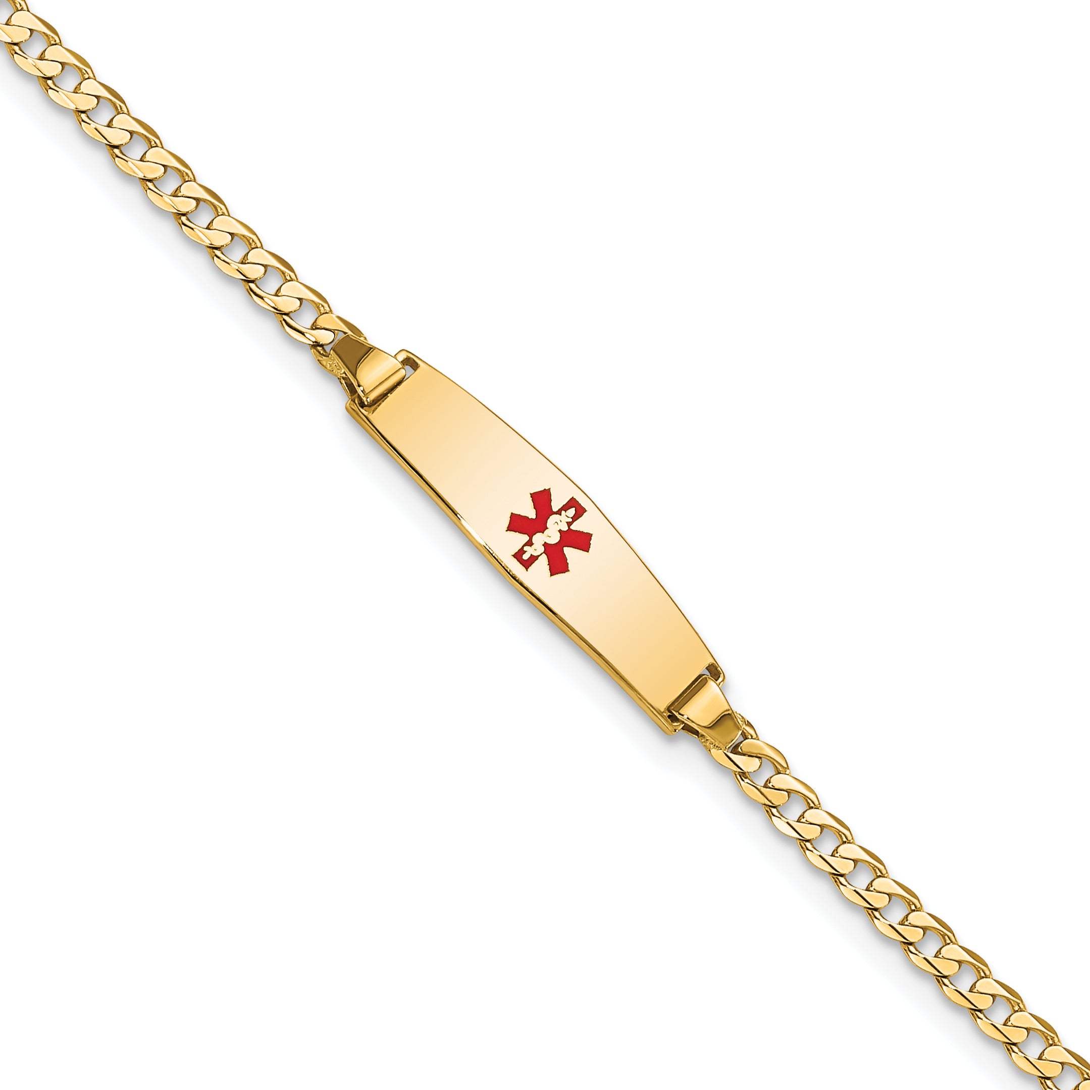 14k Medical Solid Chain/Solid Plate 20x5mm Soft Diamond Shape Centered Red Enamel Curb Link 7 inch ID Bracelet
