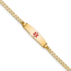 14k Medical Solid Chain/Solid Plate 20x5mm Soft Diamond Shape Centered Red Enamel Curb Link 7 inch ID Bracelet
