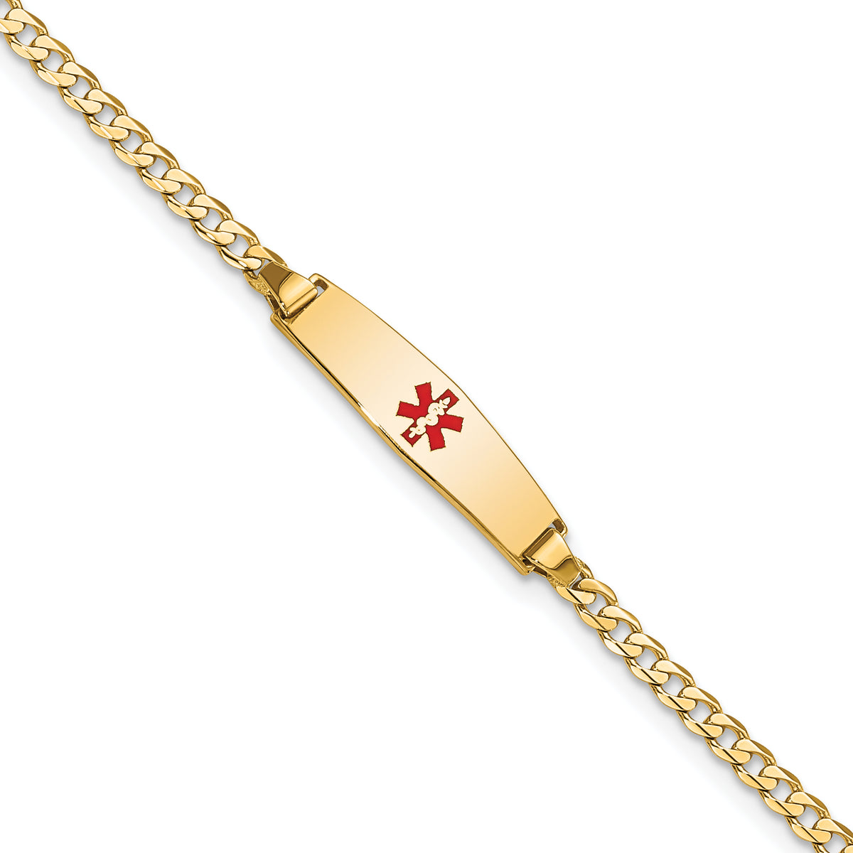 14k Medical Solid Chain/Solid Plate 20x5mm Soft Diamond Shape Centered Red Enamel Curb Link 6 inch Baby/Child ID Bracelet