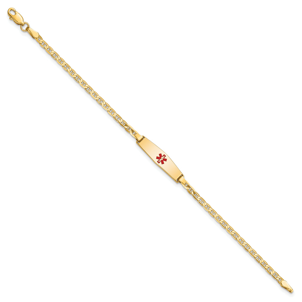14k Medical Solid Chain/Solid Plate 20x5mm Soft Diamond Shape Centered Red Enamel Flat Anchor Link 7 inch ID Bracelet