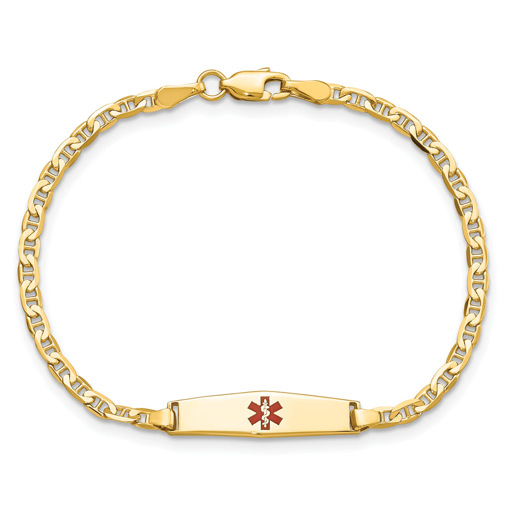 14k Medical Solid Chain/Solid Plate 20x5mm Soft Diamond Shape Centered Red Enamel Flat Anchor Link 6 inch Baby/Child ID Bracelet