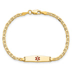 14k Medical Solid Chain/Solid Plate 20x5mm Soft Diamond Shape Centered Red Enamel Flat Anchor Link 7 inch ID Bracelet