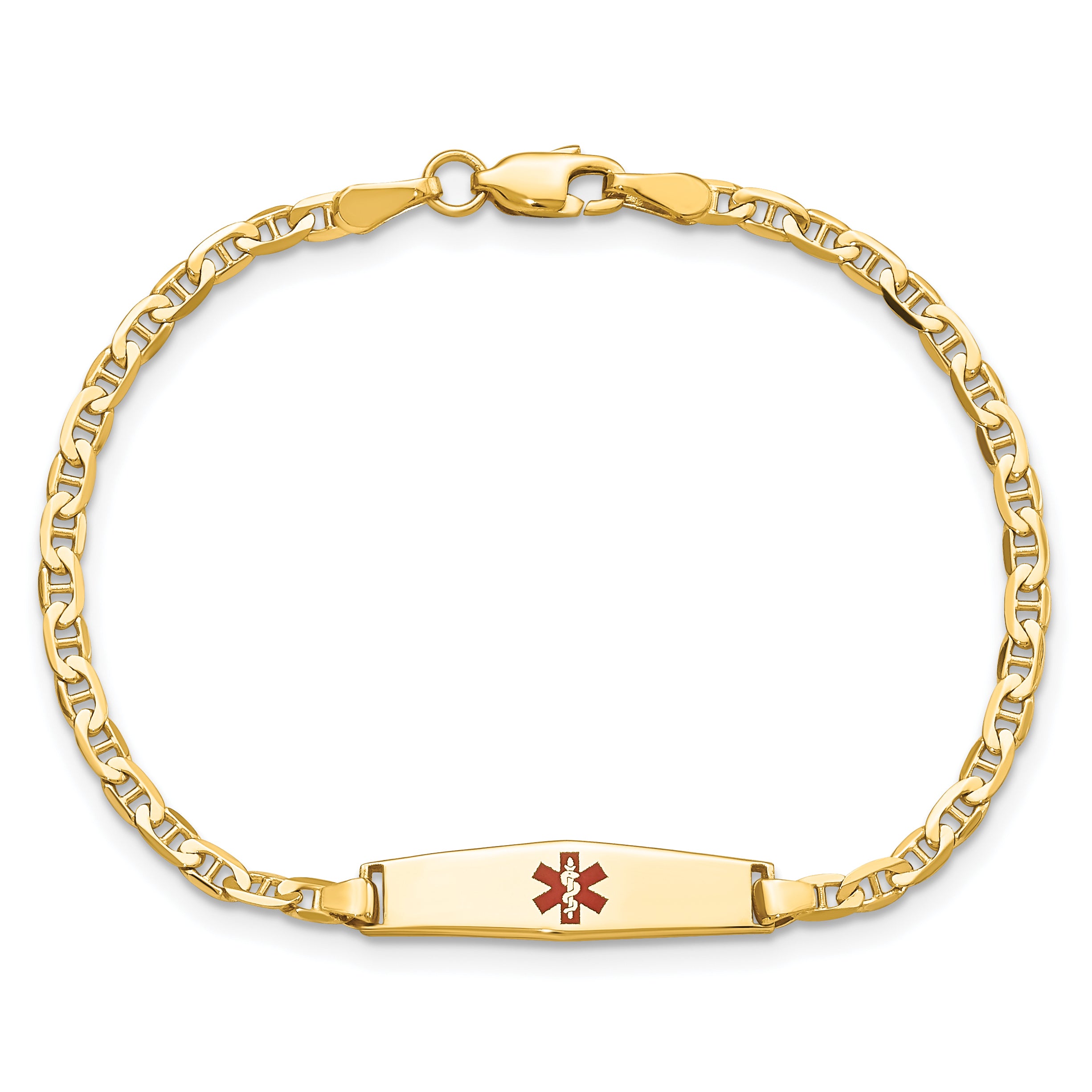 14k Medical Solid Chain/Solid Plate 20x5mm Soft Diamond Shape Centered Red Enamel Flat Anchor Link 7 inch ID Bracelet