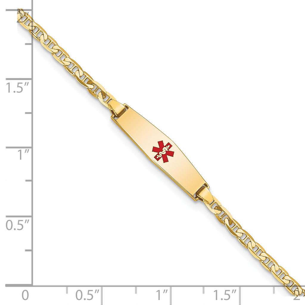 14k Medical Solid Chain/Solid Plate 20x5mm Soft Diamond Shape Centered Red Enamel Flat Anchor Link 6 inch Baby/Child ID Bracelet