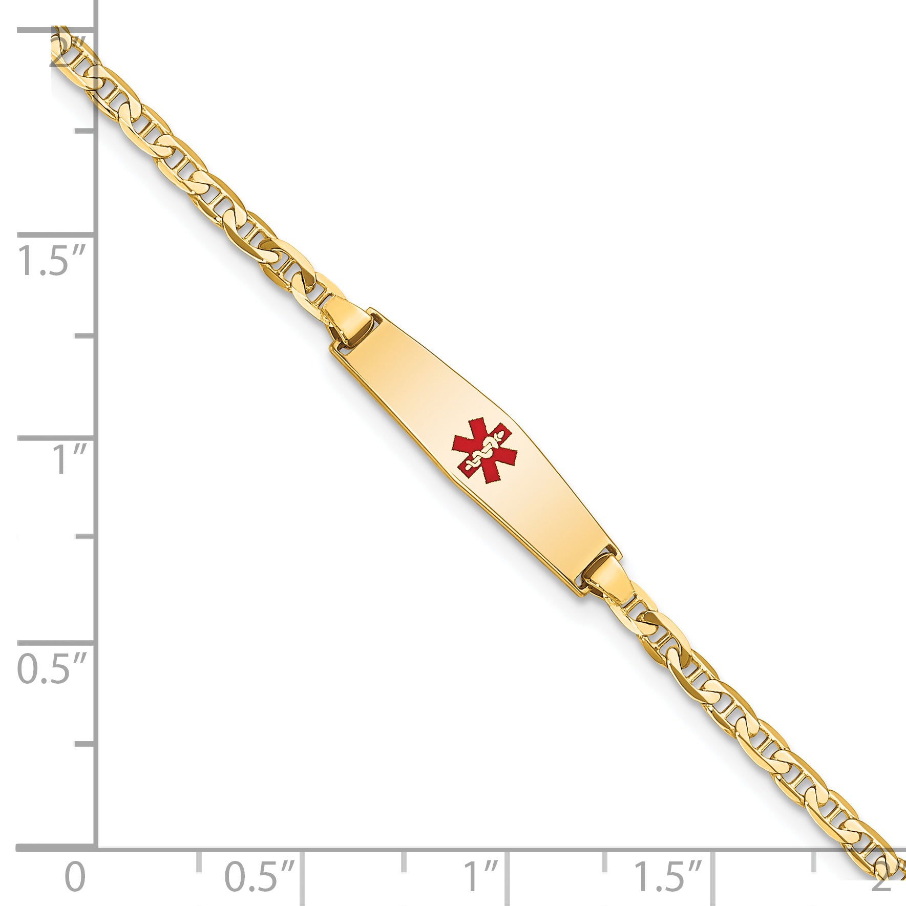 14k Medical Solid Chain/Solid Plate 20x5mm Soft Diamond Shape Centered Red Enamel Flat Anchor Link 6 inch Baby/Child ID Bracelet