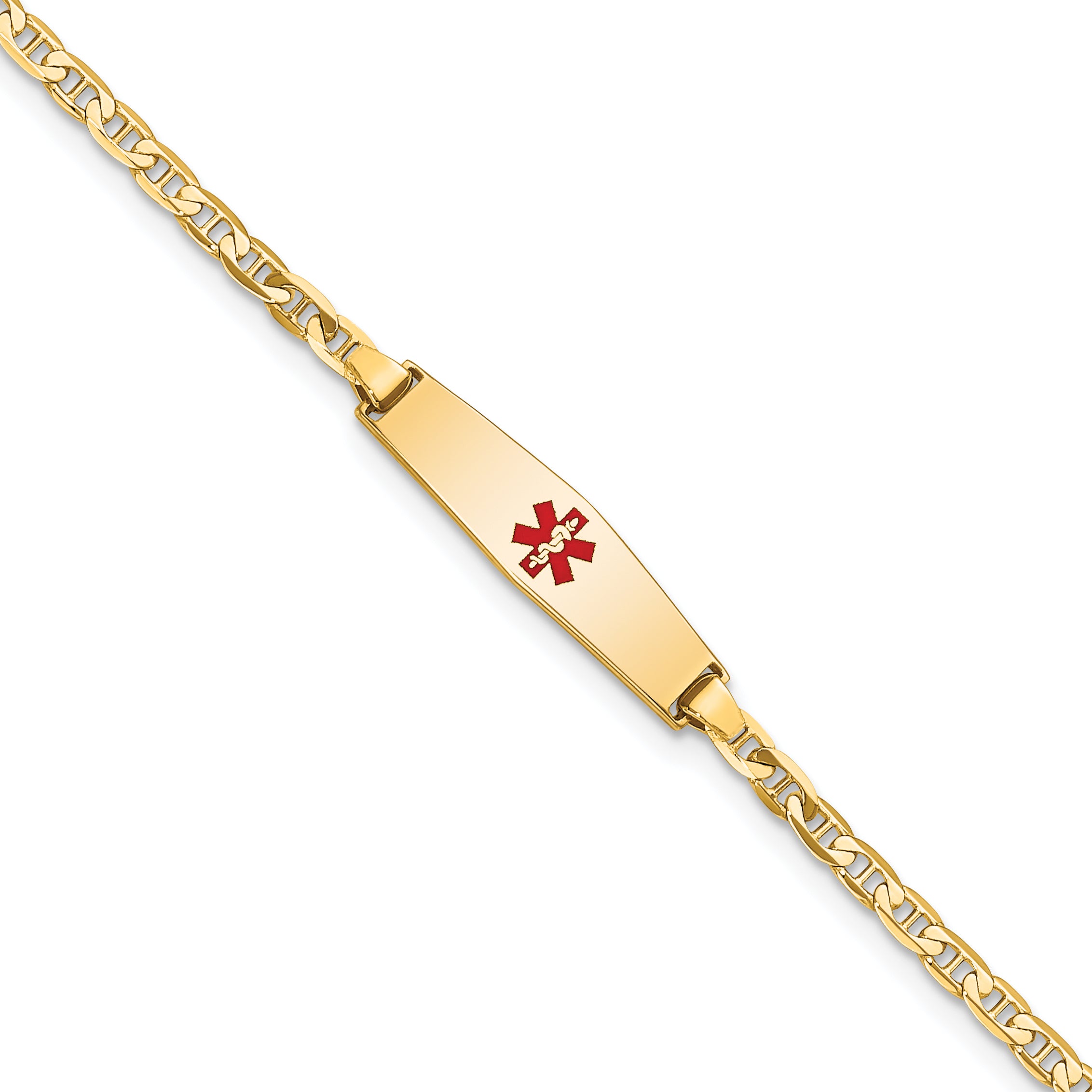 14k Medical Solid Chain/Solid Plate 20x5mm Soft Diamond Shape Centered Red Enamel Flat Anchor Link 7 inch ID Bracelet Main image