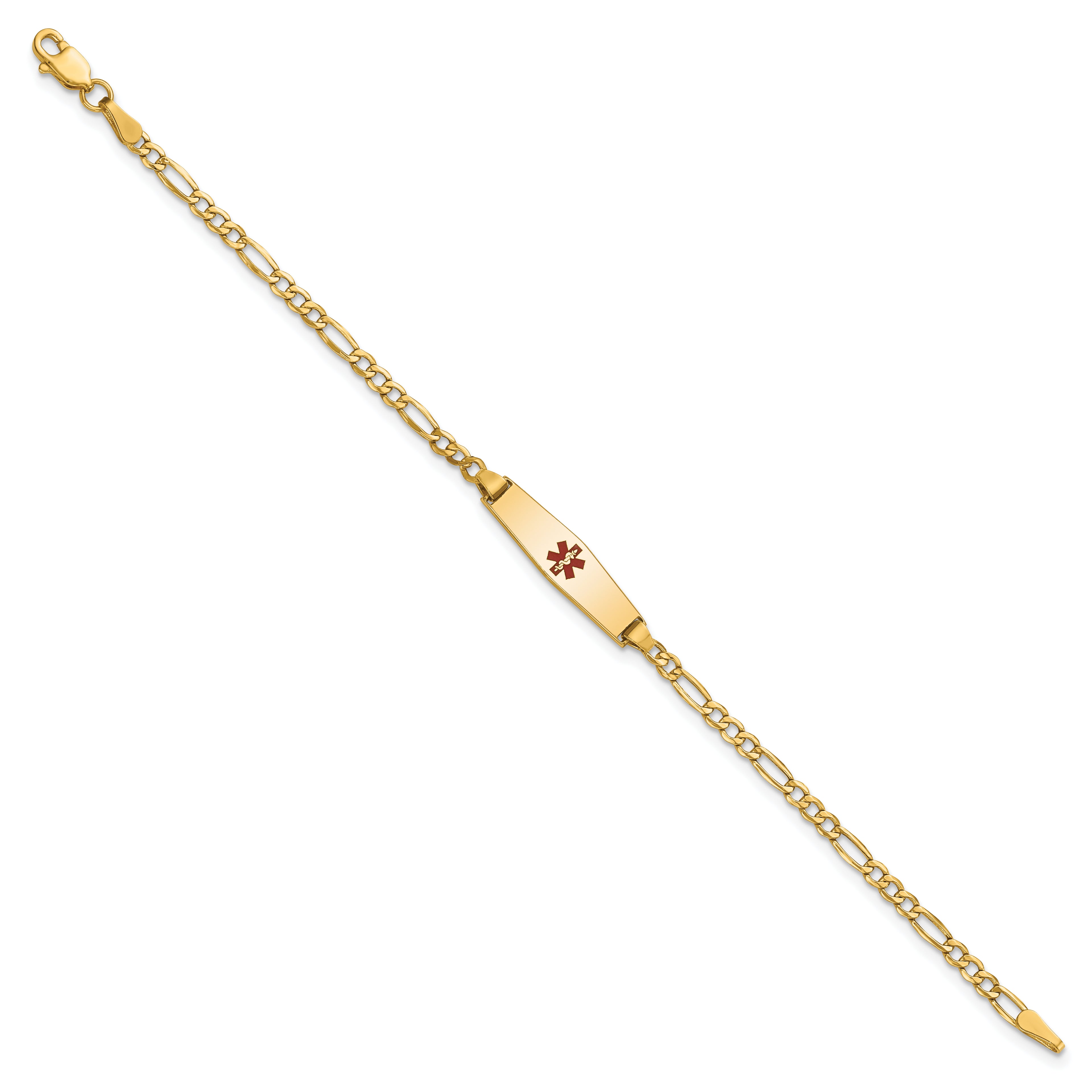 14k Medical Semi-Solid Chain/Solid Plate 20x5mm Soft Diamond Shape Centered Red Enamel Figaro Link 6 inch Baby/Child ID Bracelet