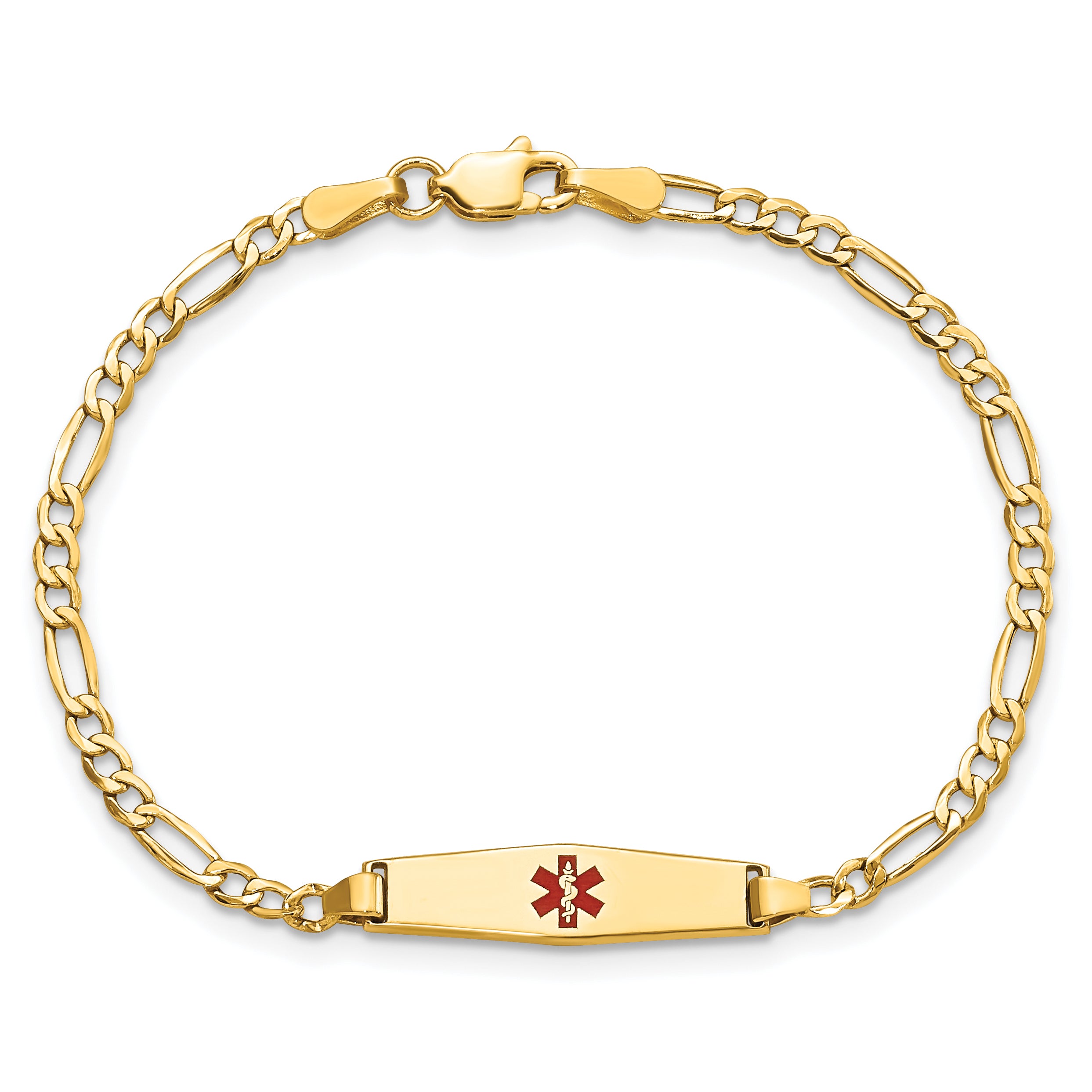 14k Medical Semi-Solid Chain/Solid Plate 20x5mm Soft Diamond Shape Centered Red Enamel Figaro Link 6 inch Baby/Child ID Bracelet