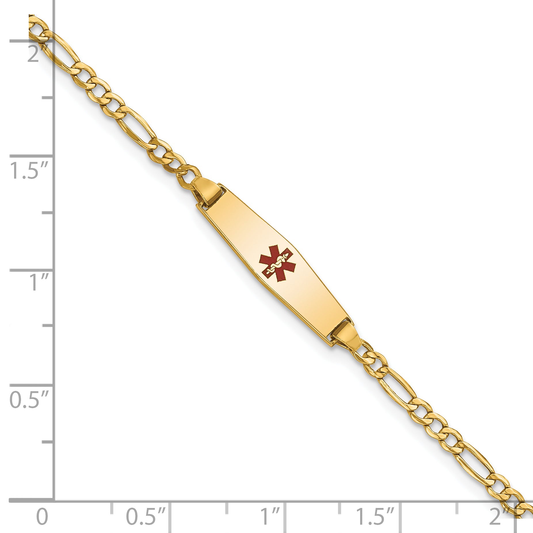 14k Medical Semi-Solid Chain/Solid Plate 20x5mm Soft Diamond Shape Centered Red Enamel Figaro Link 6 inch Baby/Child ID Bracelet