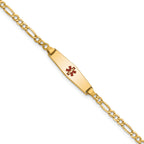 14k Medical Semi-Solid Chain/Solid Plate 20x5mm Soft Diamond Shape Centered Red Enamel Figaro Link 7 inch ID Bracelet