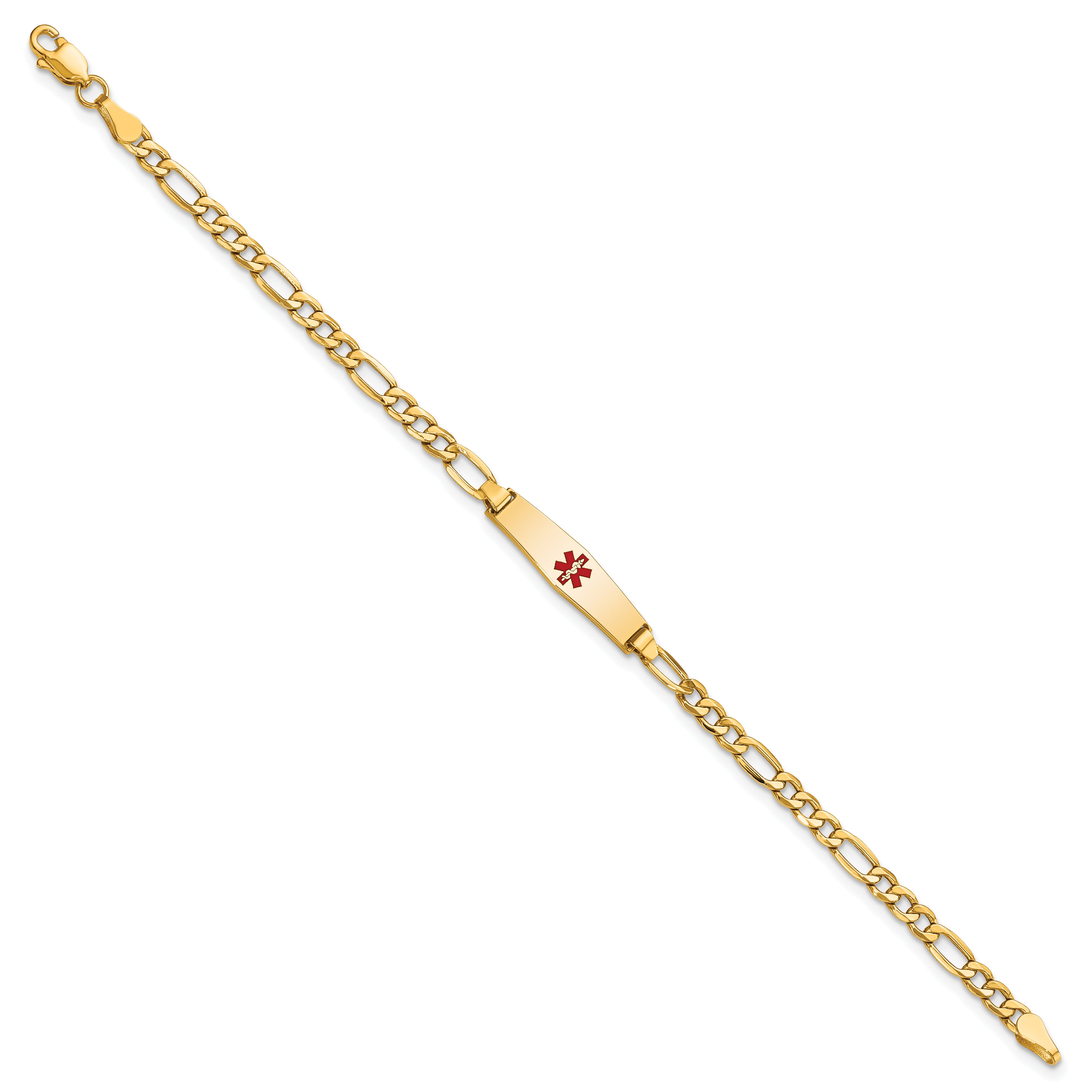14k Medical Semi-Solid Chain/Solid Plate 20x5mm Soft Diamond Shape Centered Red Enamel Figaro Link 7 inch ID Bracelet