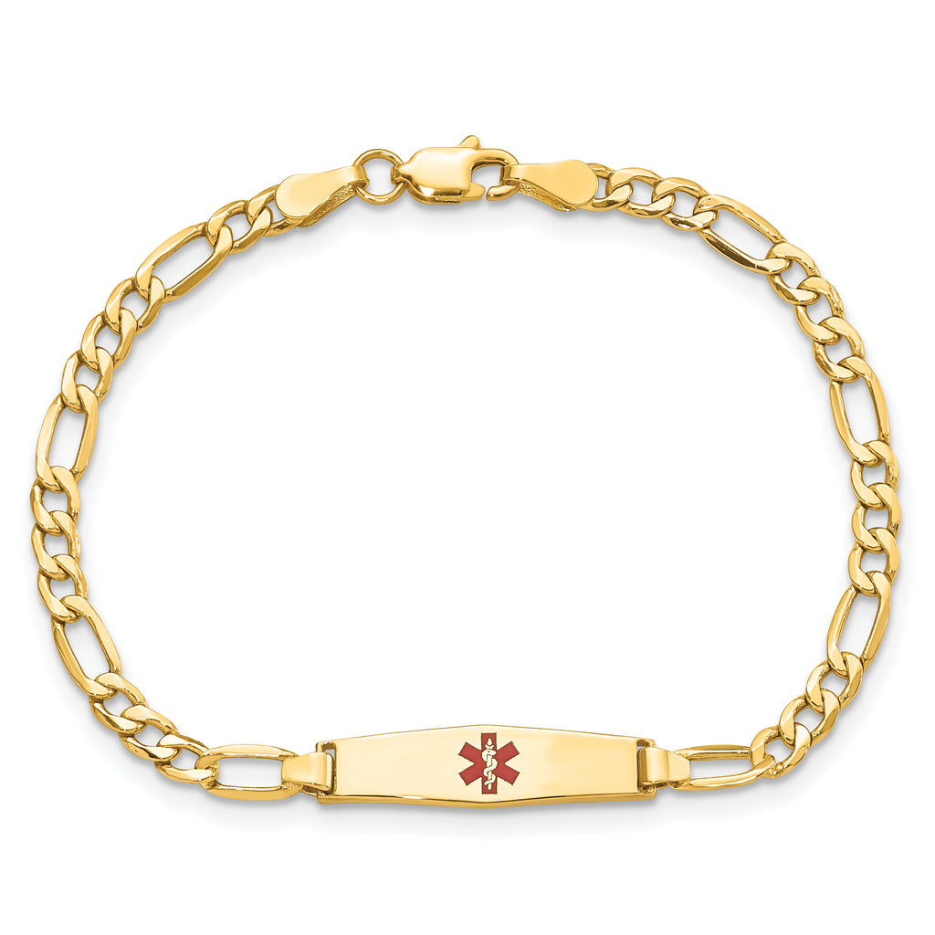 14k Medical Semi-Solid Chain/Solid Plate 20x5mm Soft Diamond Shape Centered Red Enamel Figaro Link 7 inch ID Bracelet