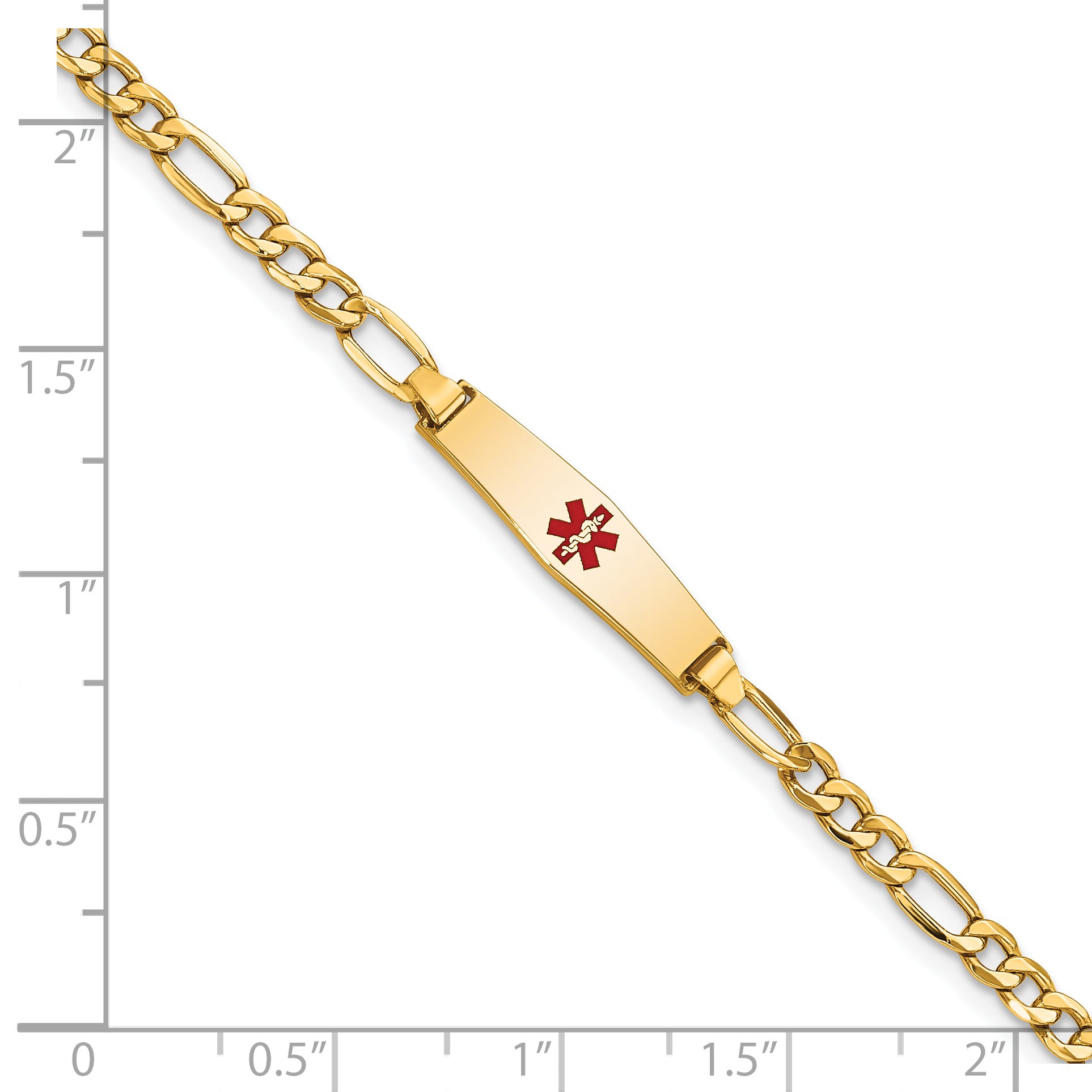 14k Medical Semi-Solid Chain/Solid Plate 20x5mm Soft Diamond Shape Centered Red Enamel Figaro Link 7 inch ID Bracelet