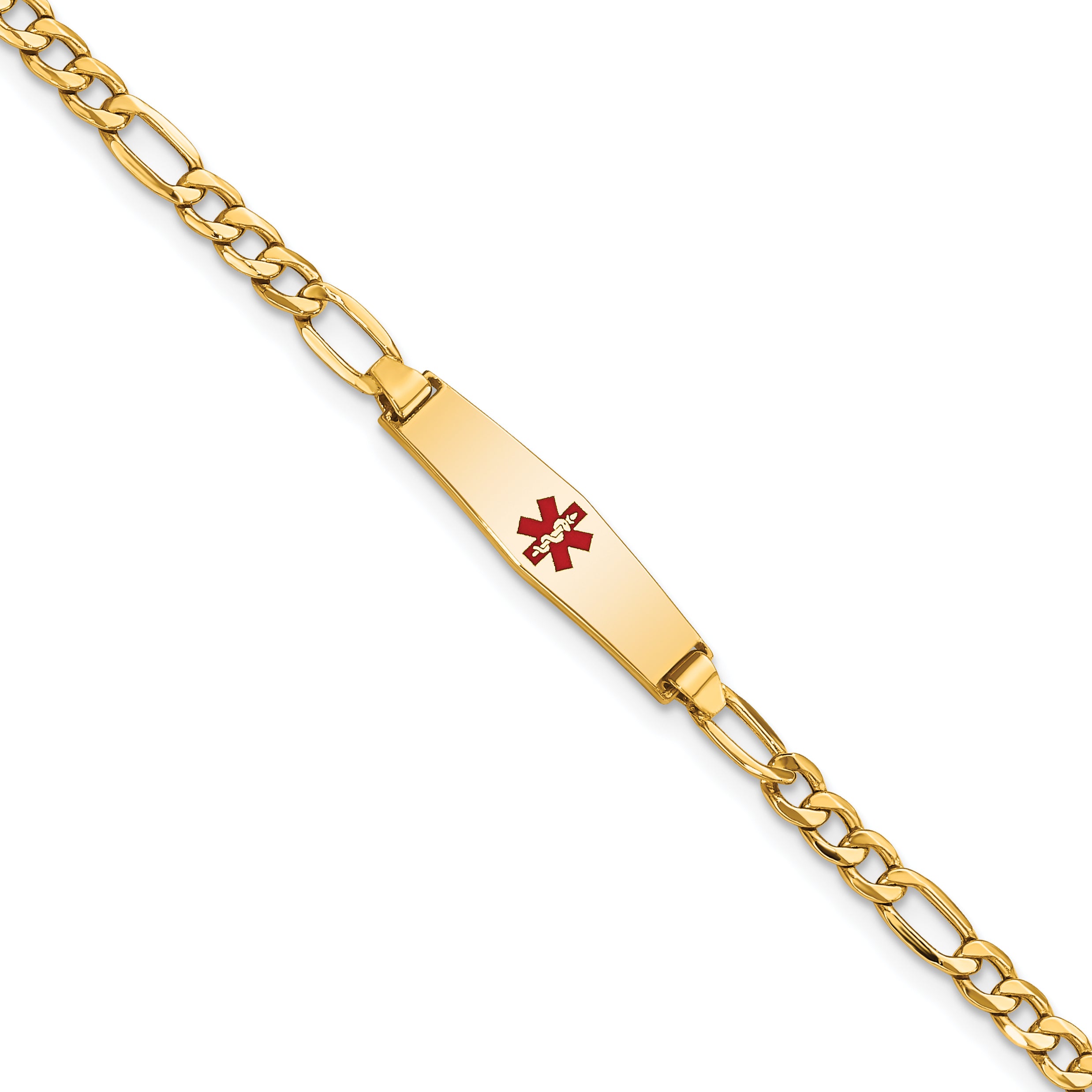 14k Medical Semi-Solid Chain/Solid Plate 20x5mm Soft Diamond Shape Centered Red Enamel Figaro Link 6 inch Baby/Child ID Bracelet Main image