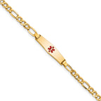 14k Medical Semi-Solid Chain/Solid Plate 20x5mm Soft Diamond Shape Centered Red Enamel Figaro Link 7 inch ID Bracelet