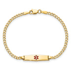 14k Medical Semi-Solid Chain/Solid Plate 20x5mm Soft Diamond Shape Centered Red Enamel Cuban Link 6 inch Baby/Child ID Bracelet