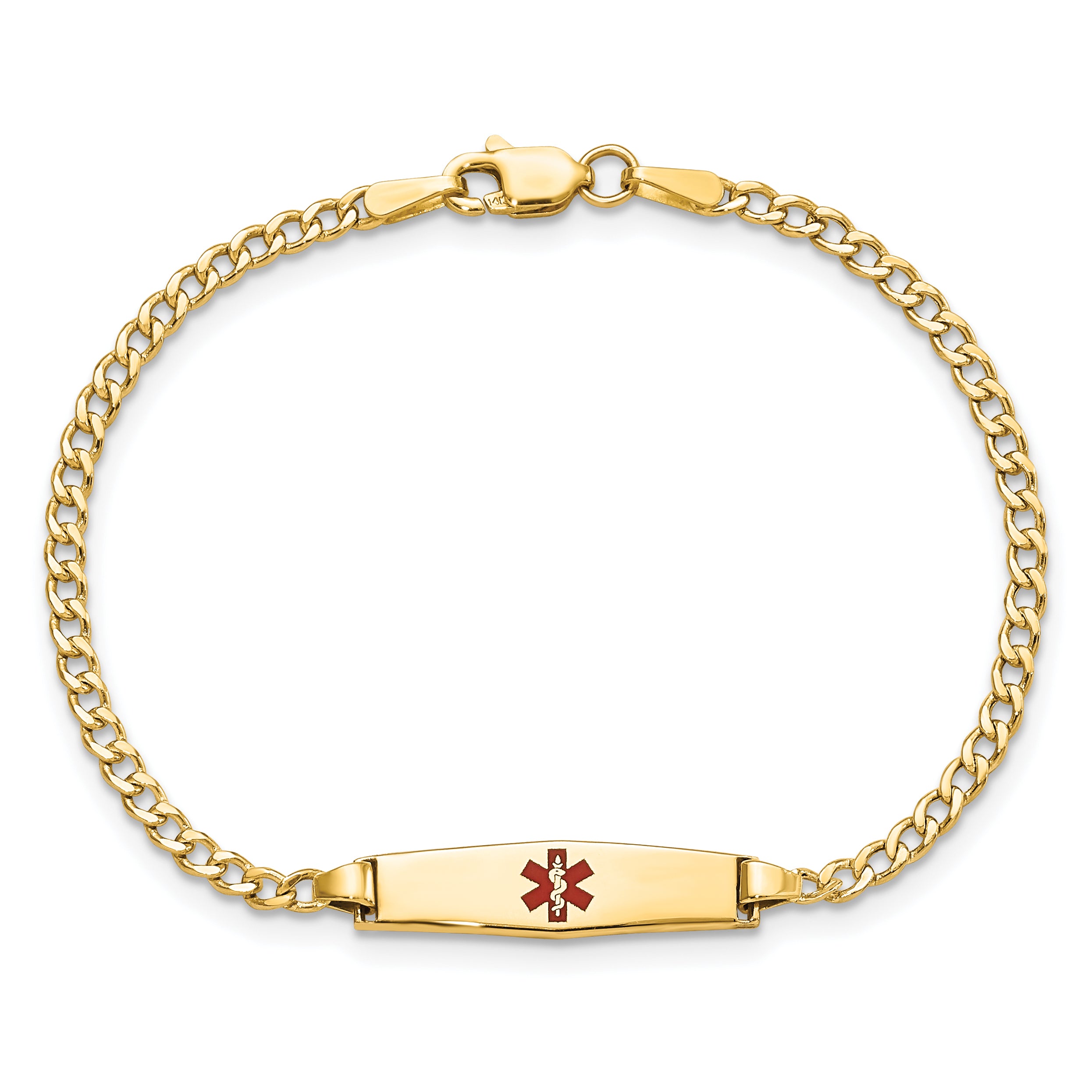 14k Medical Semi-Solid Chain/Solid Plate 20x5mm Soft Diamond Shape Centered Red Enamel Cuban Link 7 inch ID Bracelet
