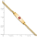 14k Medical Semi-Solid Chain/Solid Plate 20x5mm Soft Diamond Shape Centered Red Enamel Cuban Link 7 inch ID Bracelet