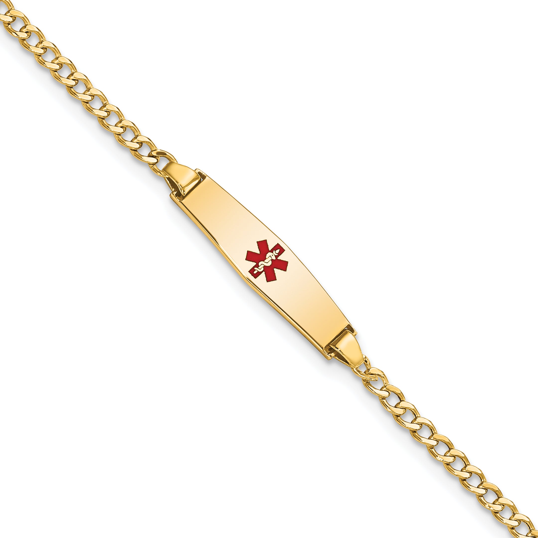 14k Medical Semi-Solid Chain/Solid Plate 20x5mm Soft Diamond Shape Centered Red Enamel Cuban Link 6 inch Baby/Child ID Bracelet