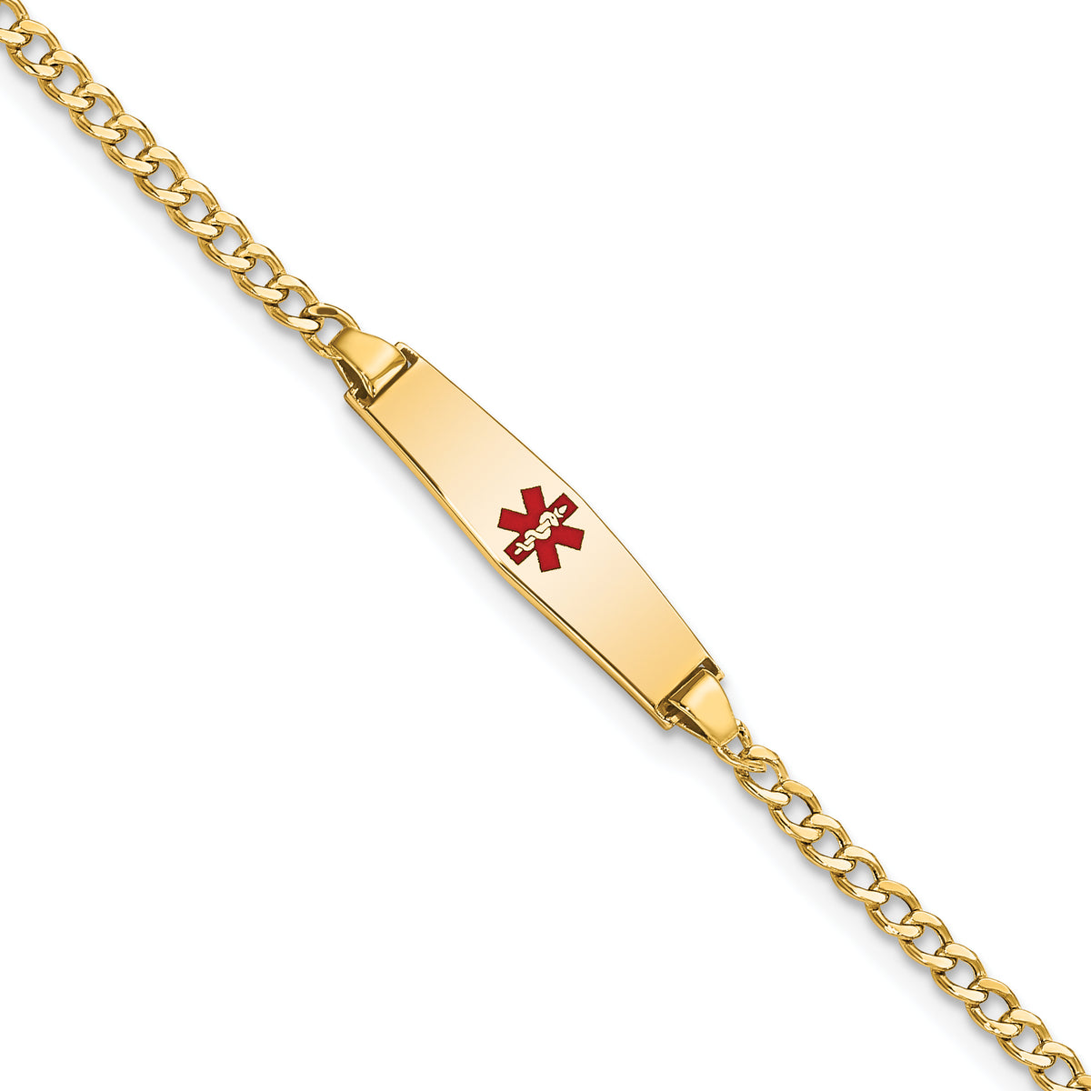 14k Medical Semi-Solid Chain/Solid Plate 20x5mm Soft Diamond Shape Centered Red Enamel Cuban Link 6 inch Baby/Child ID Bracelet