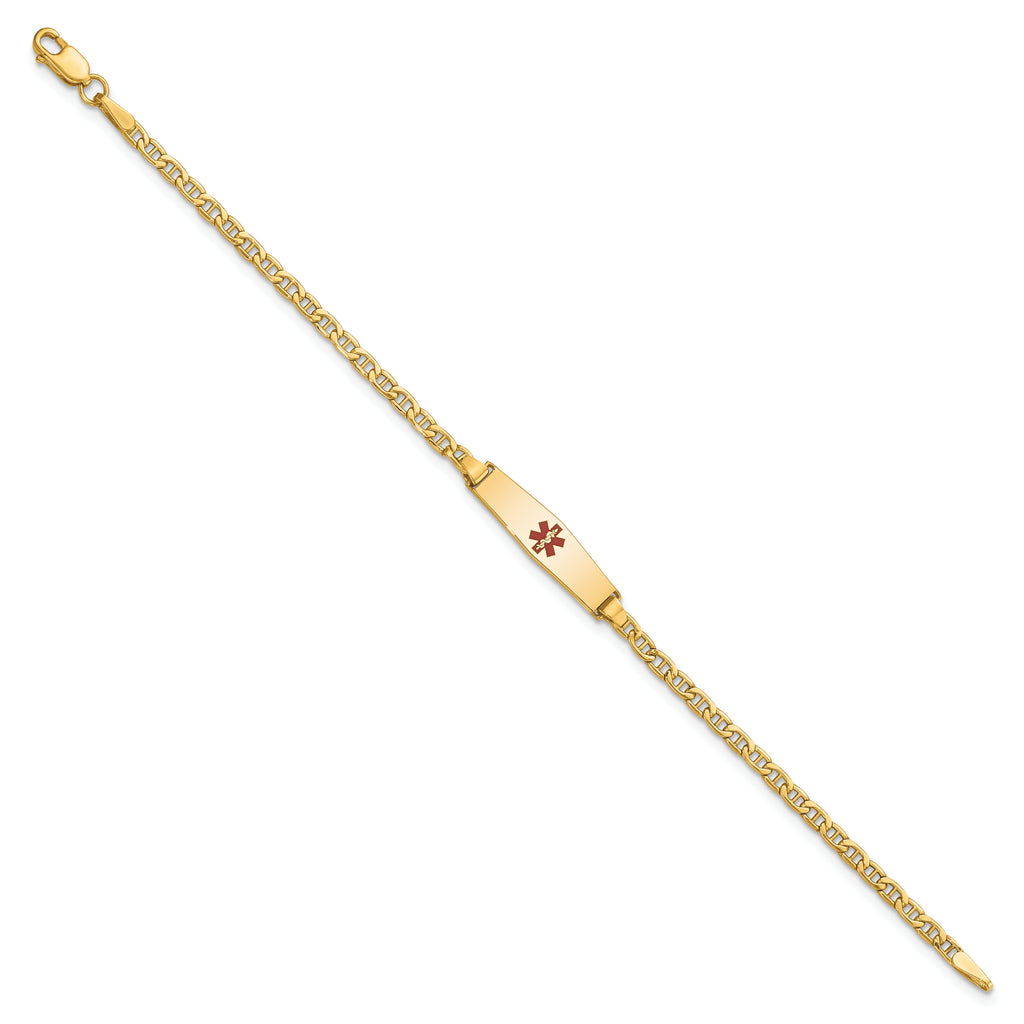 14k Medical Semi-Solid Chain/Solid Plate 20x5mm Soft Diamond Shape Centered Red Enamel Anchor Link 7 inch ID Bracelet
