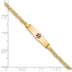 14k Medical Semi-Solid Chain/Solid Plate 20x5mm Soft Diamond Shape Centered Red Enamel Anchor Link 6 inch Baby/Child ID Bracelet
