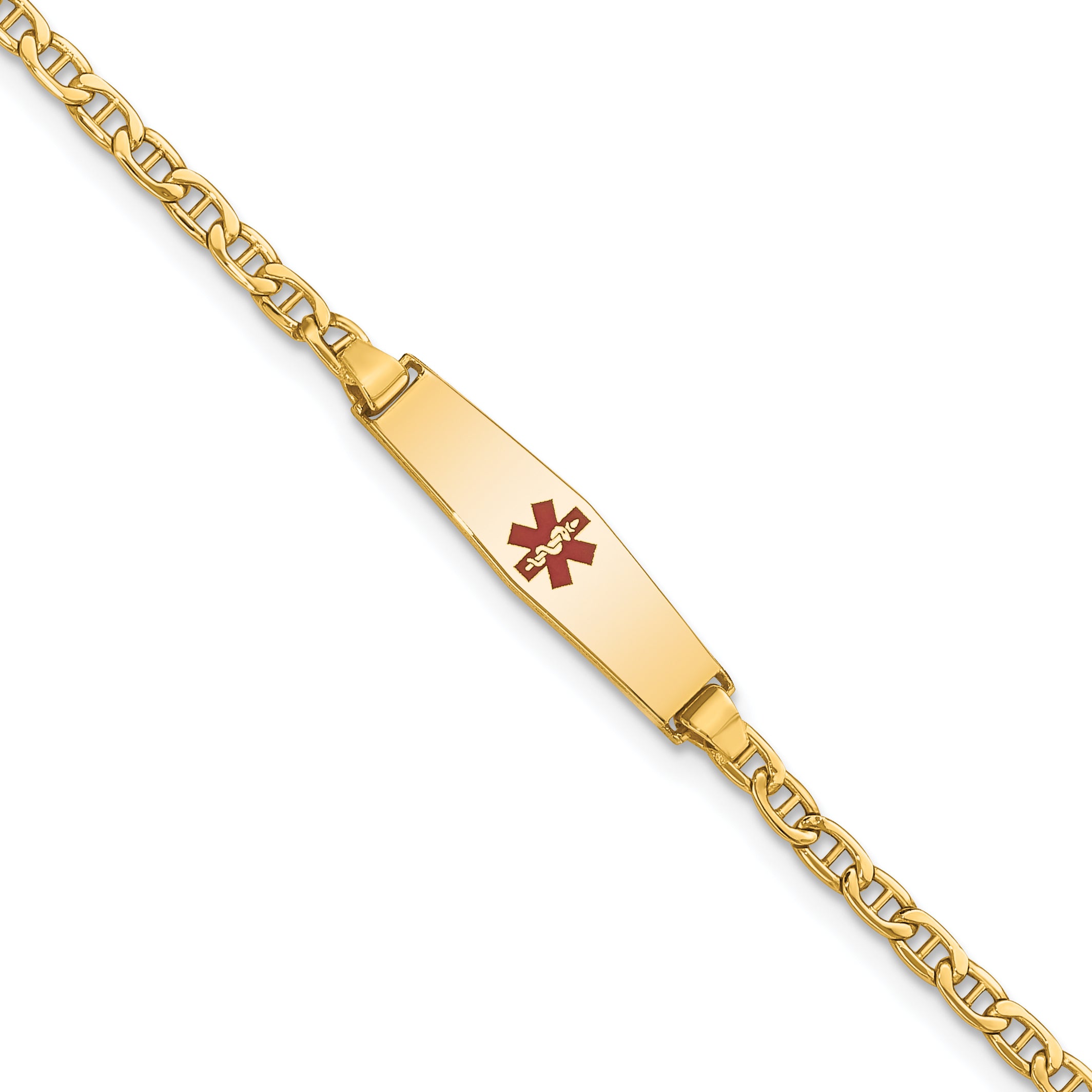 14k Medical Semi-Solid Chain/Solid Plate 20x5mm Soft Diamond Shape Centered Red Enamel Anchor Link 6 inch Baby/Child ID Bracelet Main image