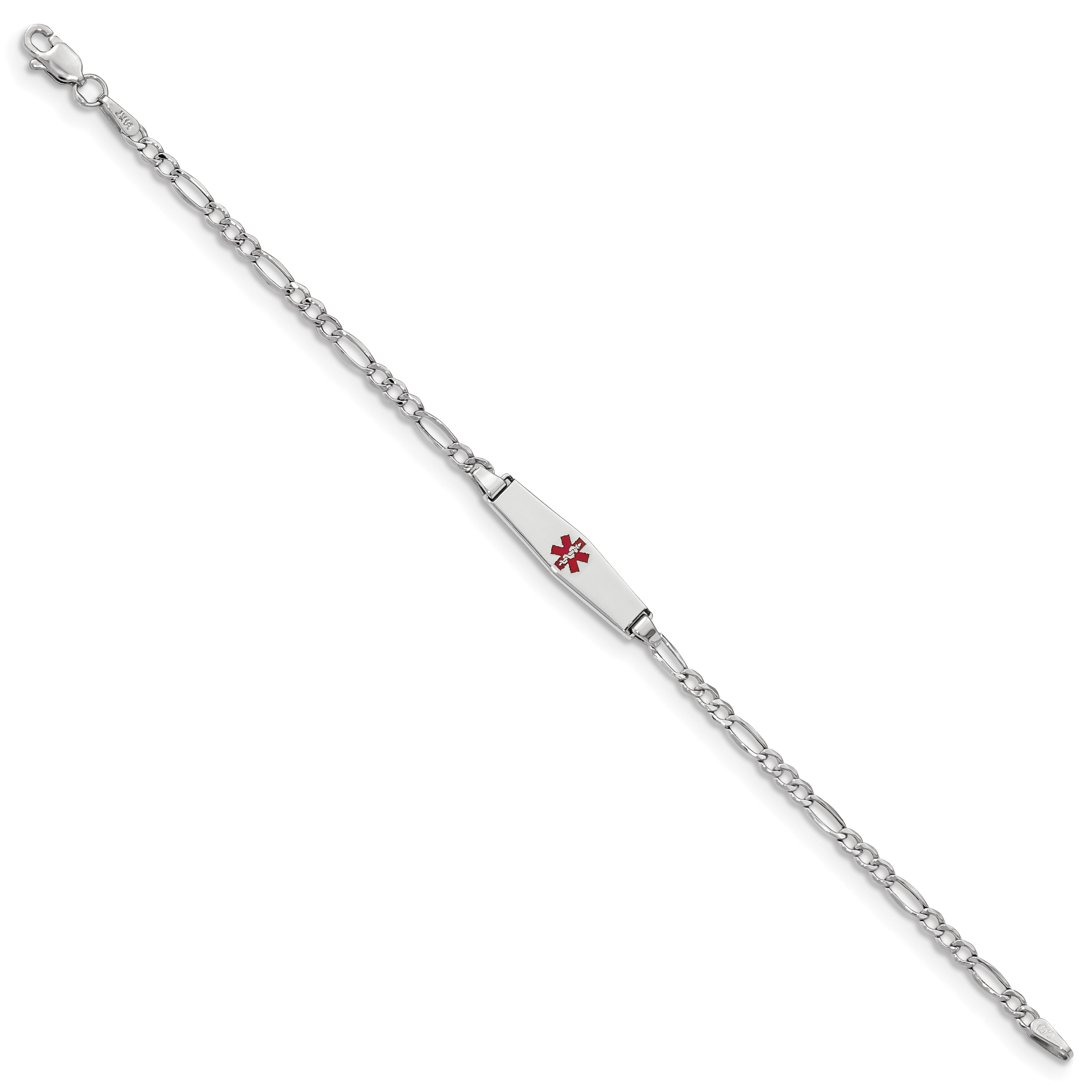 14k White Gold Medical Semi-Solid Chain/Solid Plate 20x5mm Soft Diamond Shape Centered Red Enamel Figaro Link 7 inch ID Bracelet Secondary image