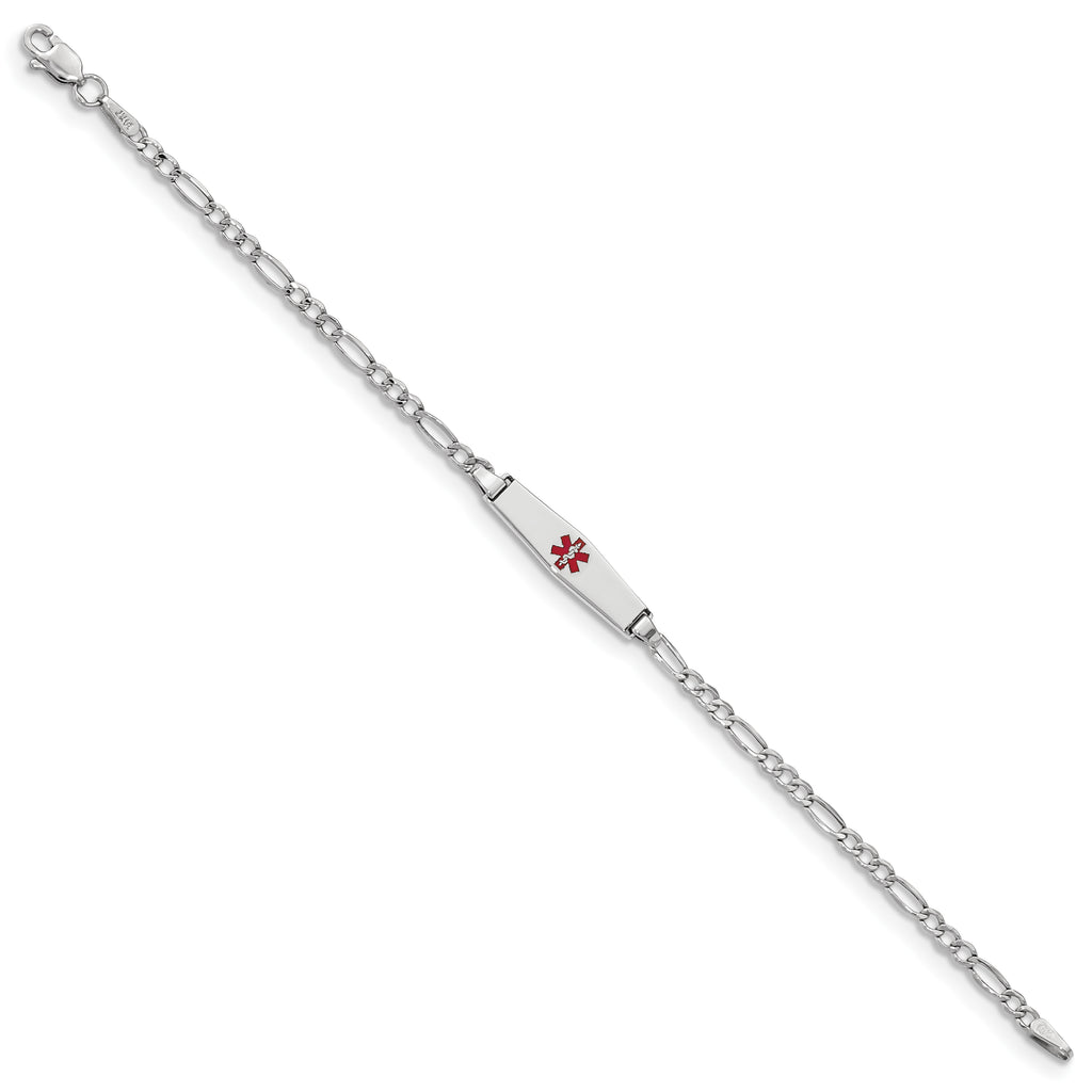 14k White Gold Medical Semi-Solid Chain/Solid Plate 20x5mm Soft Diamond Shape Centered Red Enamel Figaro Link 7 inch ID Brace