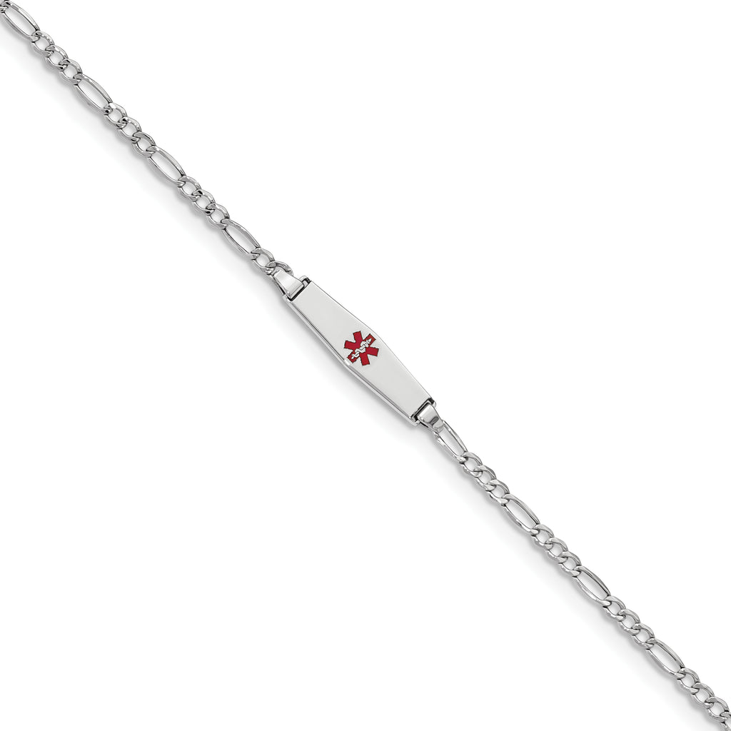 14k White Gold Medical Semi-Solid Chain/Solid Plate 20x5mm Soft Diamond Shape Centered Red Enamel Figaro Link 7 inch ID Brace