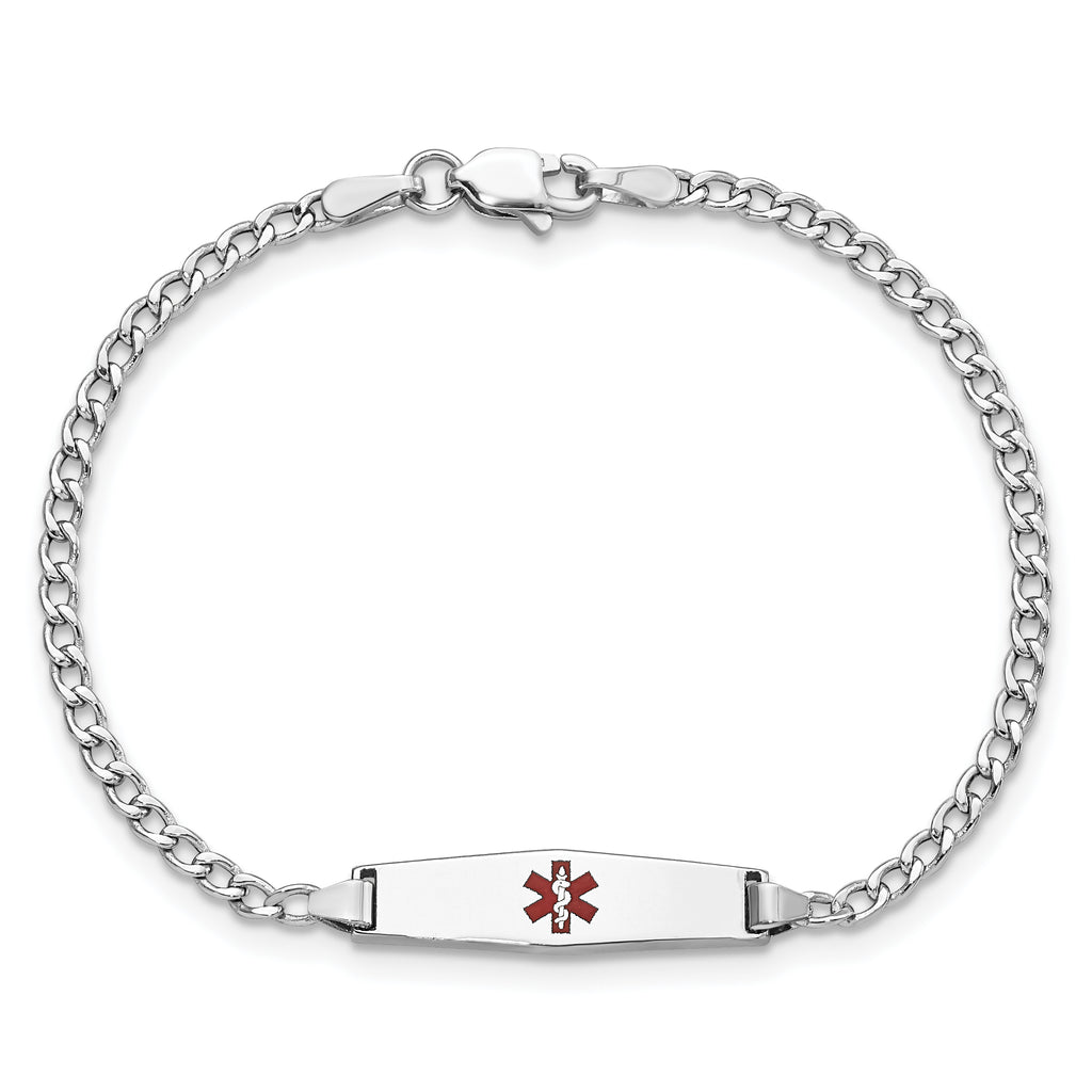 14k White Gold Medical Semi-Solid Chain/Solid Plate 20x5mm Soft Diamond Shape Centered Red Enamel Cuban Link 7 inch ID Bracel