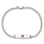 14k White Gold Medical Semi-Solid Chain/Solid Plate 20x5mm Soft Diamond Shape Centered Red Enamel Cuban Link 7 inch ID Bracel