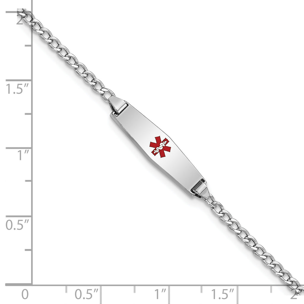 14k White Gold Medical Semi-Solid Chain/Solid Plate 20x5mm Soft Diamond Shape Centered Red Enamel Cuban Link 6 inch Baby/Child ID Bracelet