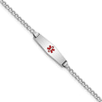 14k White Gold Medical Semi-Solid Chain/Solid Plate 20x5mm Soft Diamond Shape Centered Red Enamel Cuban Link 7 inch ID Bracel