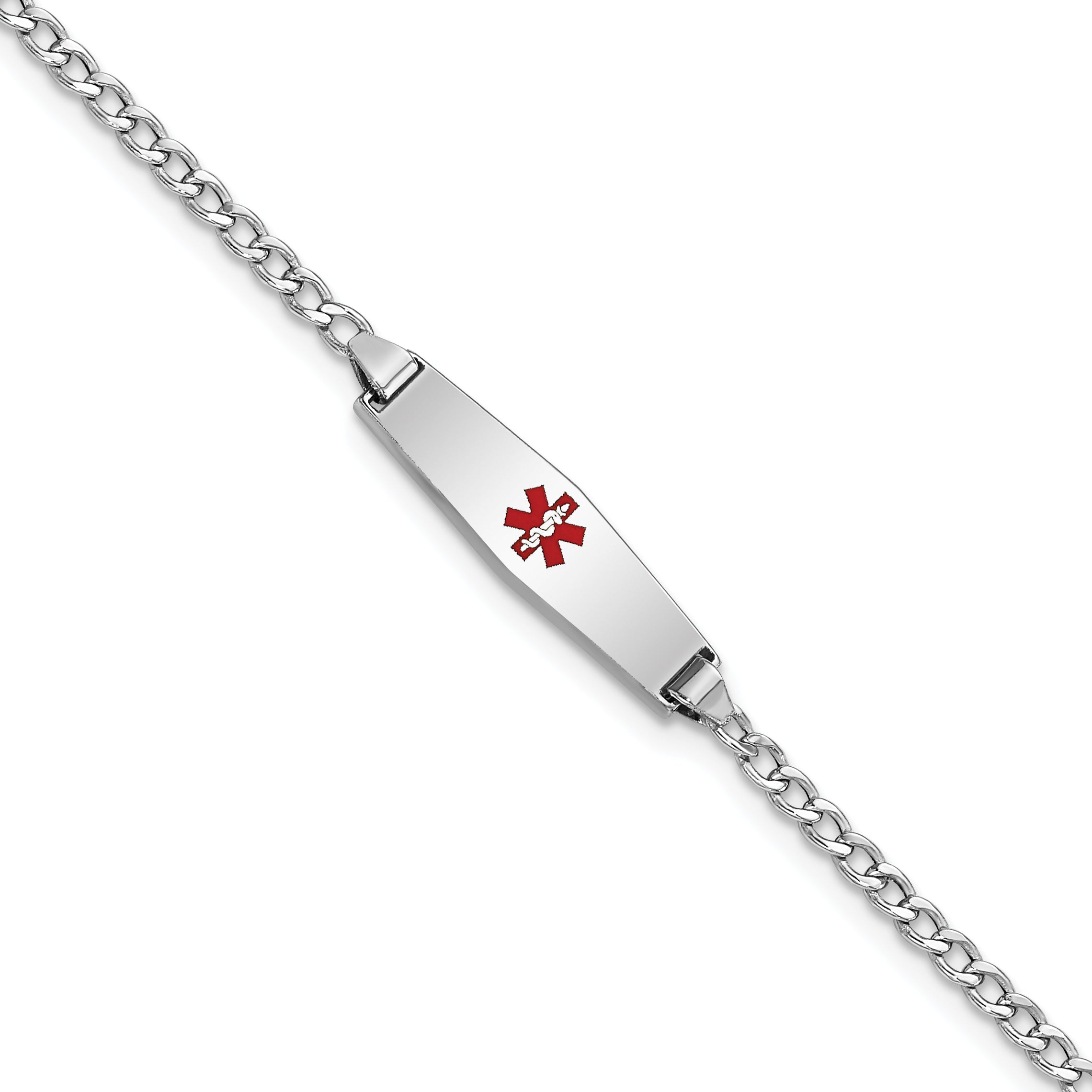 14k White Gold Medical Semi-Solid Chain/Solid Plate 20x5mm Soft Diamond Shape Centered Red Enamel Cuban Link 7 inch ID Bracel